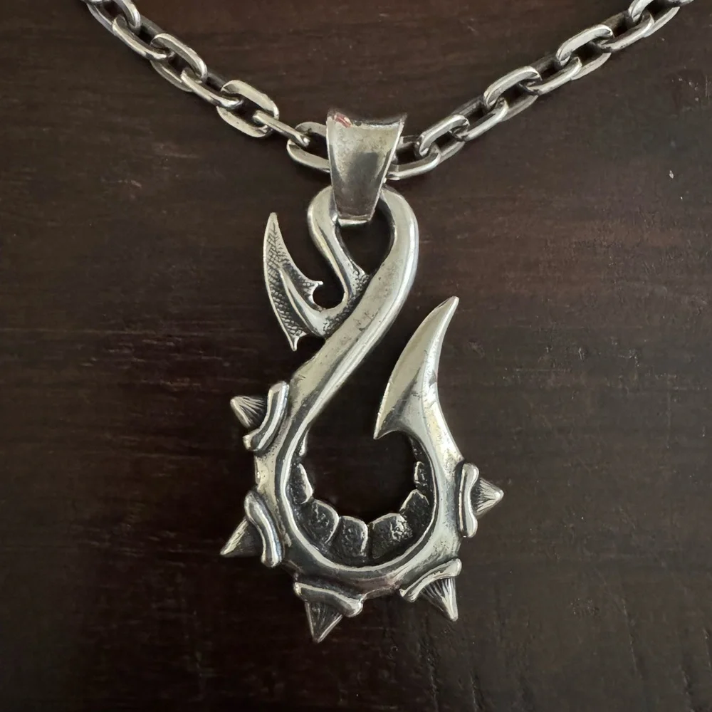 Travis Walker Double Cross Fish Hook Pendant with Chain in Solid Sterling Silver - Picture 1 of 9